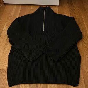 HM Ribbed Knit Side-Slit Half Zip Sweater - Black